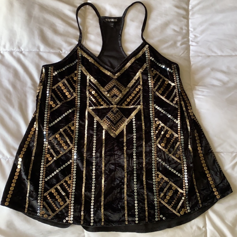 Express soft black velvet gold/silver sequin tank